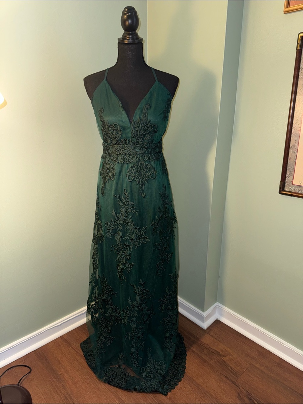 Lulu's Dark Emerald Green Lace Applique Halter Formal Gown